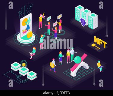 Cryptographic art crypto art nft isometric composition with human characters of bidders with painting and servers vector illustration Stock Vector