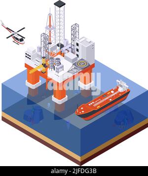 Oil petroleum industry isometric composition with view of offshore structure platform with ship and flying helicopter vector illustration Stock Vector