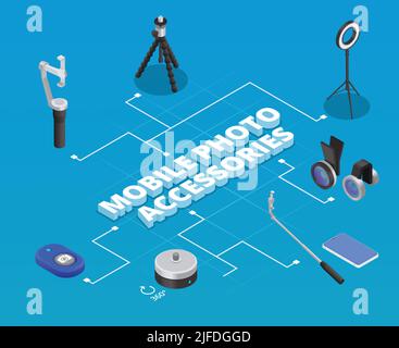 Flowchart with mobile photo and video accessories on blue background isometric set vector illustration Stock Vector
