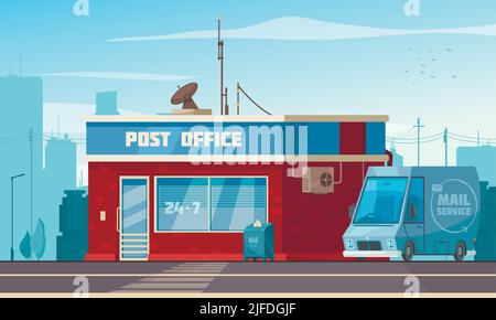 Post office building exterior view with van mailbox parcel collect service cartoon composition cityscape background vector illustration Stock Vector