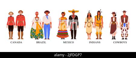 Flat characters from american countries in their national clothes icons set on white background isolated vector illustration Stock Vector