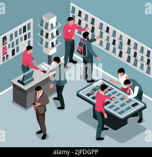 Isometric gadget shop composition with indoor view of electronics store with smartphones tablets and visitor characters vector illustration Stock Vector