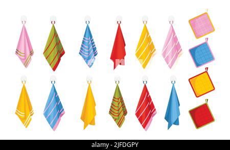 Set of isolated kitchen icons with towels of different color hanging on hooks with pot holders vector illustration Stock Vector