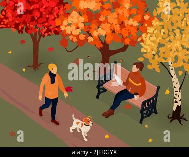 Autumn fall outdoor activities isometric composition with sitting reading on bench dog walking in park vector illustration Stock Vector