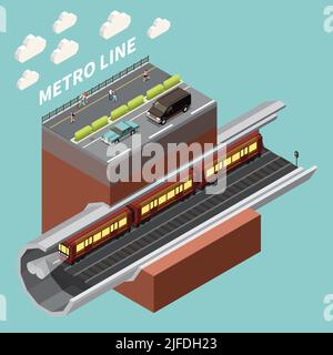 Urban infrastructure network isometric element with underground metro line subway tunnel and city street above vector illustration Stock Vector