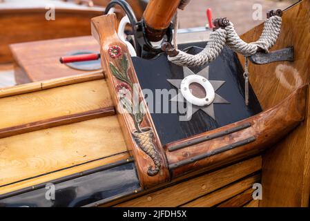 Enkhuizen, Netherlands. June 2022. Detail of the back of a historic botter in Enkhuizen. High quality photo Stock Photo