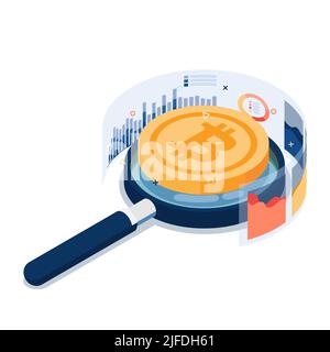 Flat 3d Isometric Bitcoin on Magnifying Glass and Graph. Bitcoin Price Analysis and Cryptocurrency Concept. Stock Vector
