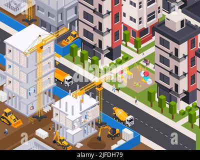 Construction in city background with construction machines and transport symbols isometric vector illustration Stock Vector