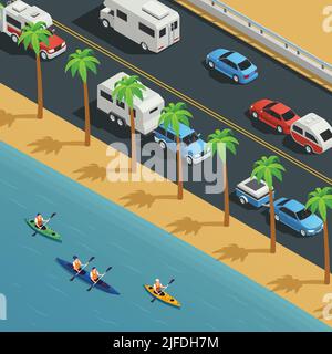 Touring sea kayaking rafting coastal paddling resort isometric composition with tropical beach canoeing camping road vector illustration Stock Vector