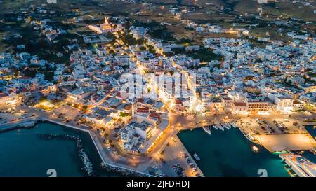 Night aerial view of Tinos island,Greece Stock Photo