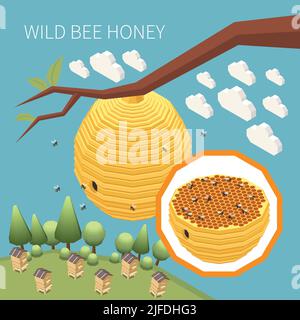 Wild bee honey isometric background with bee hive nest hanging on tree branch vector illustration Stock Vector