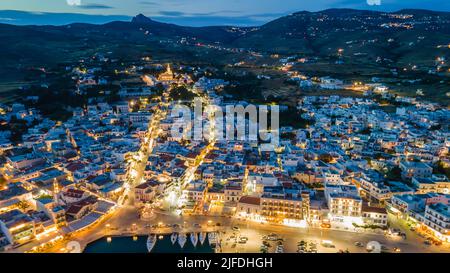 Night aerial view of Tinos island,Greece Stock Photo