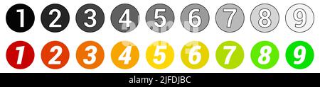Numbers in small circles with color or gray gradient. Can be used as scale rating icons Stock Vector