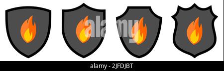 Orange flame icon inside shield, different versions. Protection from fire concept Stock Vector
