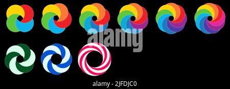 Overlapping circles arranged on larger circle object, forming flower like shape version with five to nine parts. Can be used as infographics element Stock Vector