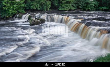 Aysgarth Falls are a triple flight of waterfalls, surrounded by forest carved out by the River Ure on its descent through Wensleydale in the Yorkshire Stock Photo