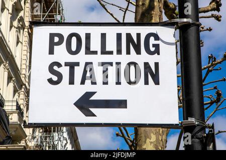 A sign for a Polling Station during a local election in central London, UK. Stock Photo