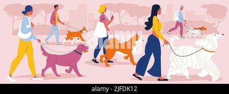 People walking their dogs of different breeds on leash in city flat vector illustration Stock Vector