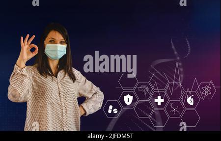 Young woman wearing medical face mask showing OK sign. Medical background Design concept idea for healthcare technology, innovation medicine, health Stock Photo