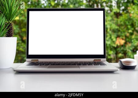 Laptop with black white screen of top of table Stock Photo