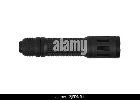 Black metal LED flashlight isolate on a white background. Pocket lamp for dark time of day or dark rooms. Stock Photo