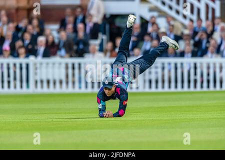London, UK. 01th Jul, 2022. Jack Davies of Middlesex runs to catch the ball during T20 Vitality Blast - Middlesex vs Somerset at The Lord's Cricket Ground on Friday, July 01, 2022 in LONDON ENGLAND.  Credit: Taka G Wu/Alamy Live News Stock Photo