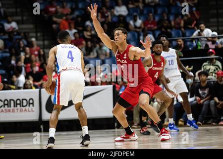 Hamilton, Canada, July 01, 2022: Dwight Powell (R) of Team Canada in defense during the FIBA World Cup qualifying game (Window 3) against Team Dominican Republic at First Ontario Centre in Hamilton, Canada. Canada won the game with the score 95-75. Credit: Phamai Techaphan/Alamy Live News Stock Photo
