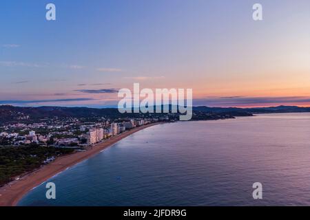 Platja d'Aro Beach vacation. Aerial panoramic view of summer vacation tourist destination on the Costa Brava, Catalonia, Spain. Summer vacations. Stock Photo