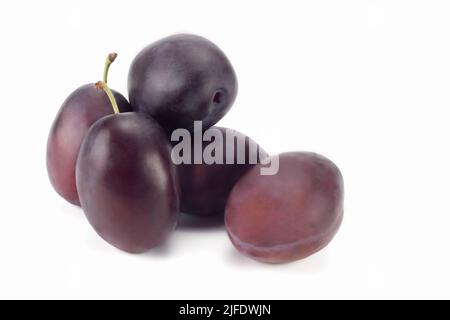 A few fresh plums isolated on bright background. Close up view. Stock Photo