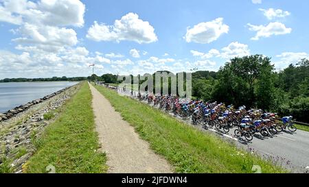 Copenhagen, Denmark, 2nd July 2022. The peloton seen during Stage 2 of the Tour De France, Roskilde to Nyborg. Credit: Pete Goding/Alamy Live News Stock Photo