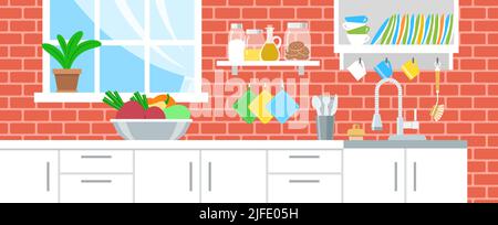 Eco friendly green kitchen interior background. Flat vector illustration. Zero waste reusable utensils, vegetables in metal bowl, cloth napkins, glass Stock Vector