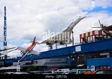 SINSHEIM, GERMANY - MAI 2022: white supersonic airliner Concorde F-BVFB 1969 and gray orange Aero L-39 Albatros 1968 Stock Photo