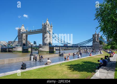 Tower Bridge from The Queens Walk, South Bank, River Thames, London, England, UK Stock Photo