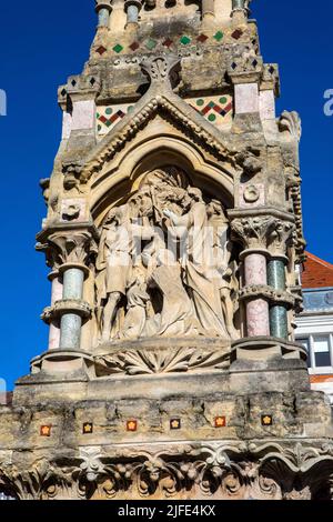 Close-up of the sculptural detail on the Market Cross situated in the Market Square in Saffron Walden, Essex, UK. Stock Photo