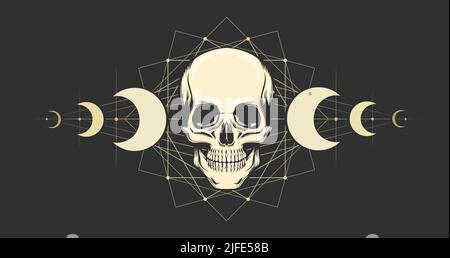 Skull and Moon Phases Mystic Eblem on Black Background. Vector illustration. Stock Vector