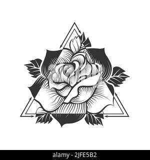 Black and White Mystic Tattoo of Rose Flower Over Double Triangle Sacred Geometry isolated on white. Vector illustration. Stock Vector