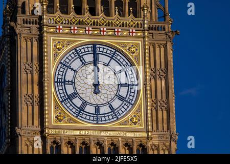 The stunning and newly renovated clockface of the Elizabeth tower, of the Houses of Parliament in Westminster, London, UK. Stock Photo