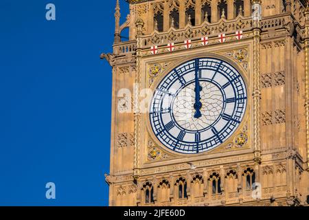 The stunning and newly renovated clockface of the Elizabeth tower, of the Houses of Parliament in Westminster, London, UK. Stock Photo