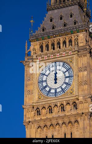 The stunning and newly renovated clockface of the Elizabeth tower, of the Houses of Parliament in Westminster, London, UK. Stock Photo