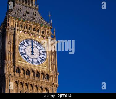 The stunning and newly renovated clockface of the Elizabeth tower, of the Houses of Parliament in Westminster, London, UK. Stock Photo