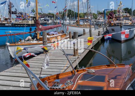 The colourful Classic boat Festival weekend at Birdham Pool Marina, Birdham near Chichester in West Sussex Stock Photo