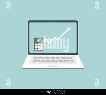 Graph showing increase in inflation in World on Laptop Screen logo design. Inflation on calculator. Business concept vector design and illustration. Stock Vector