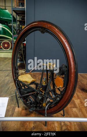 SINSHEIM, GERMANY - MAI 2022: wooden unicycle motorcycle 1894. Stock Photo