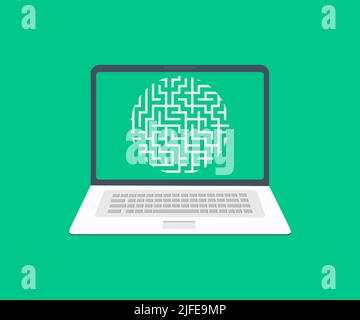 Round maze on laptop screen, notebook logo design. Circle labyrinth vector design and illustration. Stock Vector