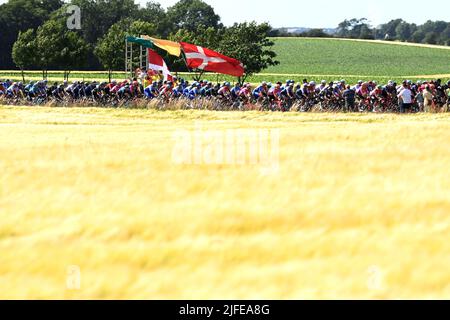 Copenhagen, Denmark, 2nd July 2022. The peloton passes the national flag of Denmark during Stage 2 of the Tour De France, Roskilde to Nyborg. Credit: David Stockman/Alamy Live News Stock Photo