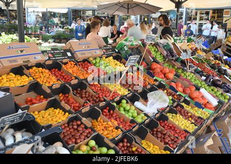 Copenhagen/Denmark/.02 July  2022/.Fruit and vegetable  shoppers at oudoor fruit and vegetable vendor at Torvehallerne in danish capital.(Photo..Francis Joseph Dean/Dean Pictures) Stock Photo