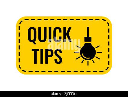 Quick tips with hanging light bulb badge vector icon. Stock Vector