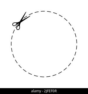 Scrissors cut dotted line circle coupon with dash icon. Stock Vector