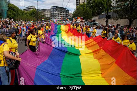 London, UK. 2nd July, 2022. Large rainbow flag on Park Lane. 50th anniversary Pride march. The first Pride march was in 1972. Credit: Karl Black/Alamy Live News Stock Photo