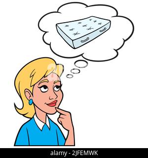 Girl thinking about a Bed Mattress - A cartoon illustration of a Girl thinking about a Bed Mattress. Stock Vector
